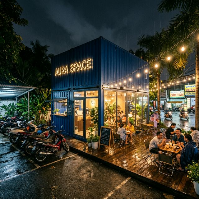 Mặt tiền AURA SPACE Sa Đéc — kiến trúc container 1 trệt + rooftop với cây xanh và đèn neon